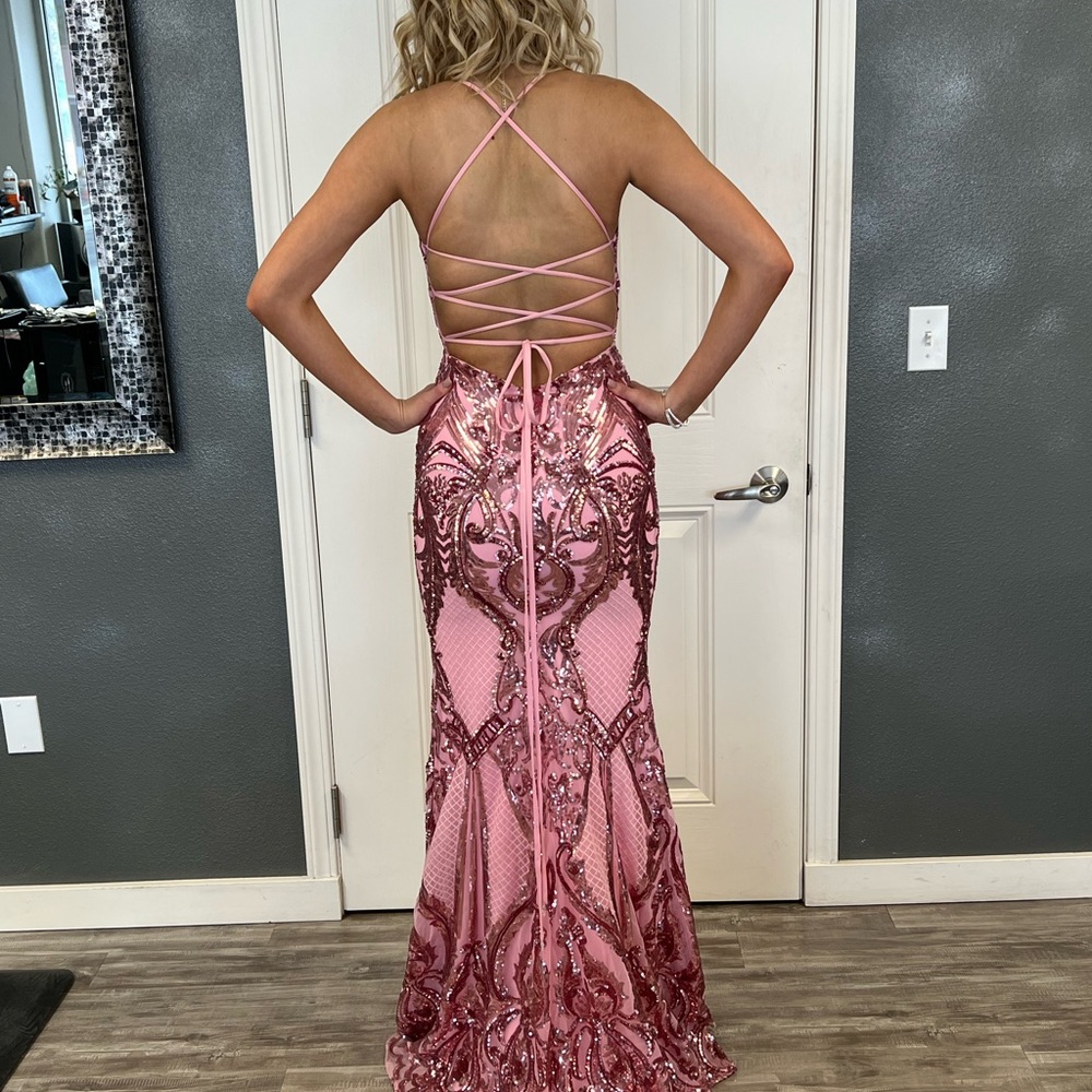 Mori Lee Pink Sequined Prom Dress - Picture 3 of 8